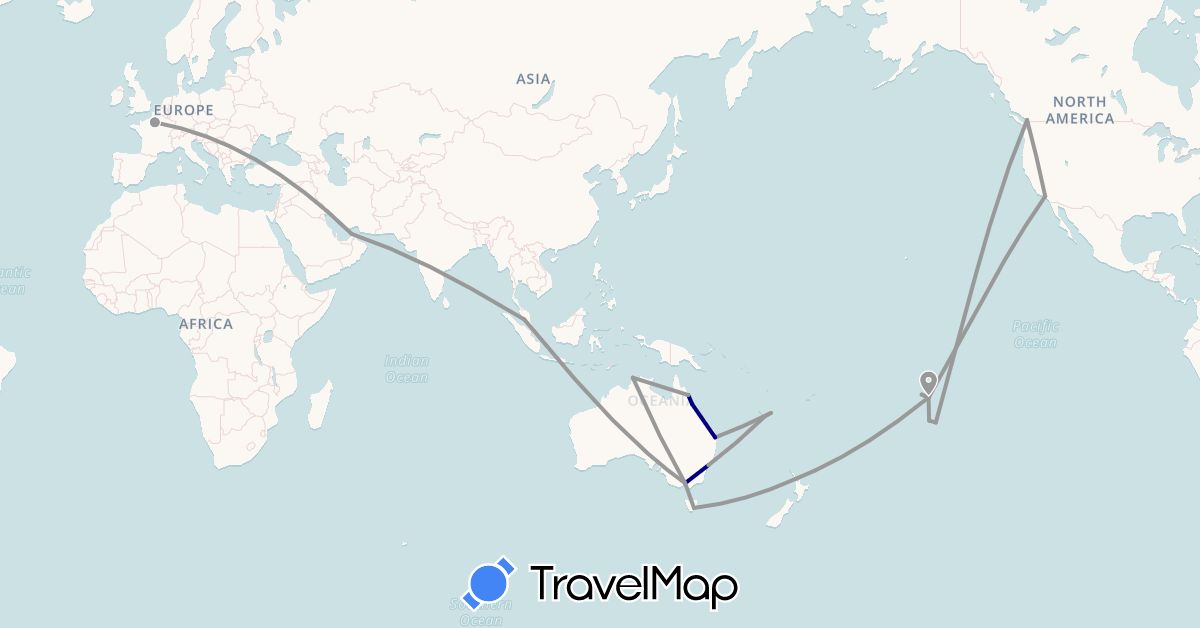 TravelMap itinerary: driving, plane in United Arab Emirates, Australia, Canada, France, Malaysia, New Caledonia, New Zealand, French Polynesia, United States (Asia, Europe, North America, Oceania)